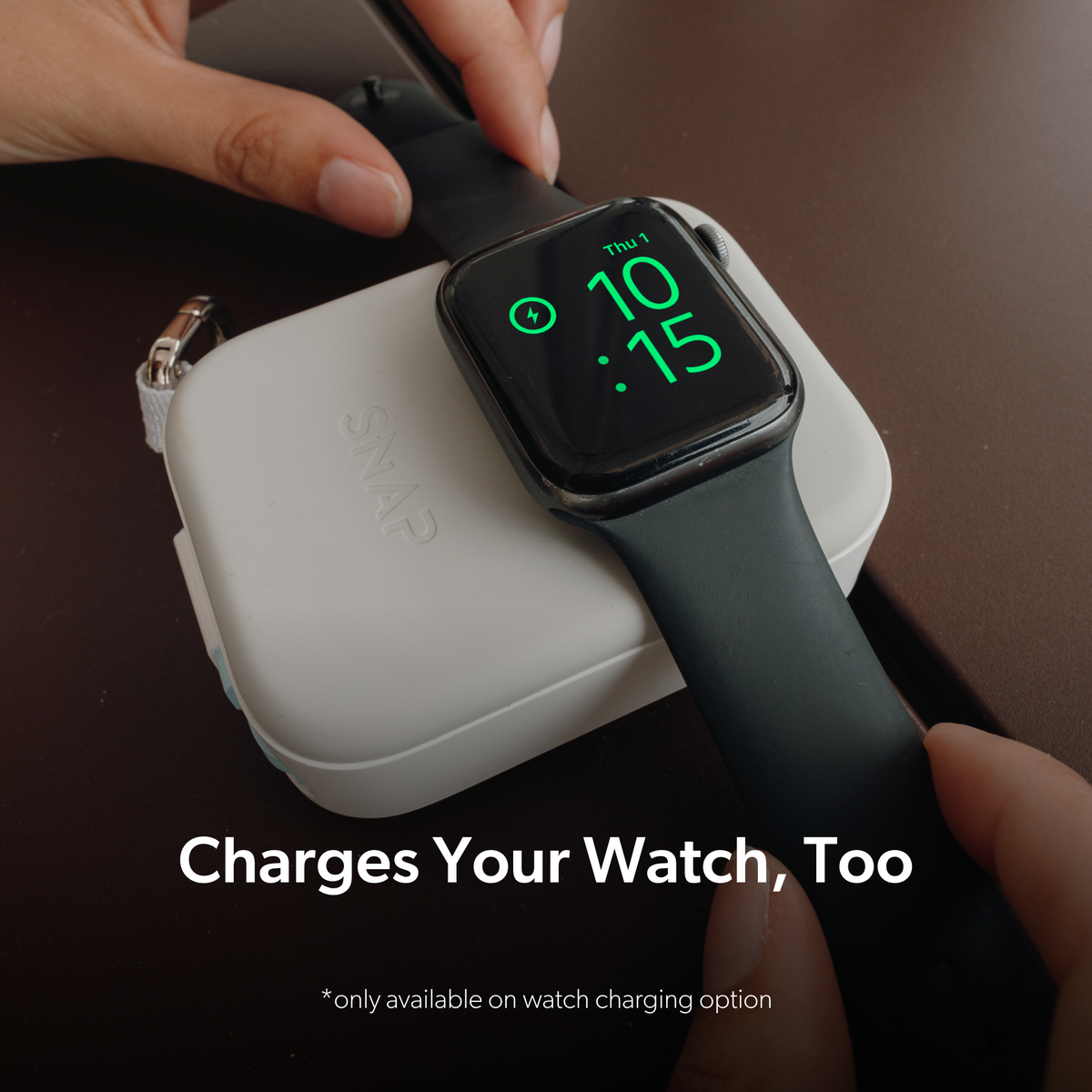 White PowerPack Mini 2 Apple Watch Edition charging an Apple Watch; watch charging is available on watch editions only.