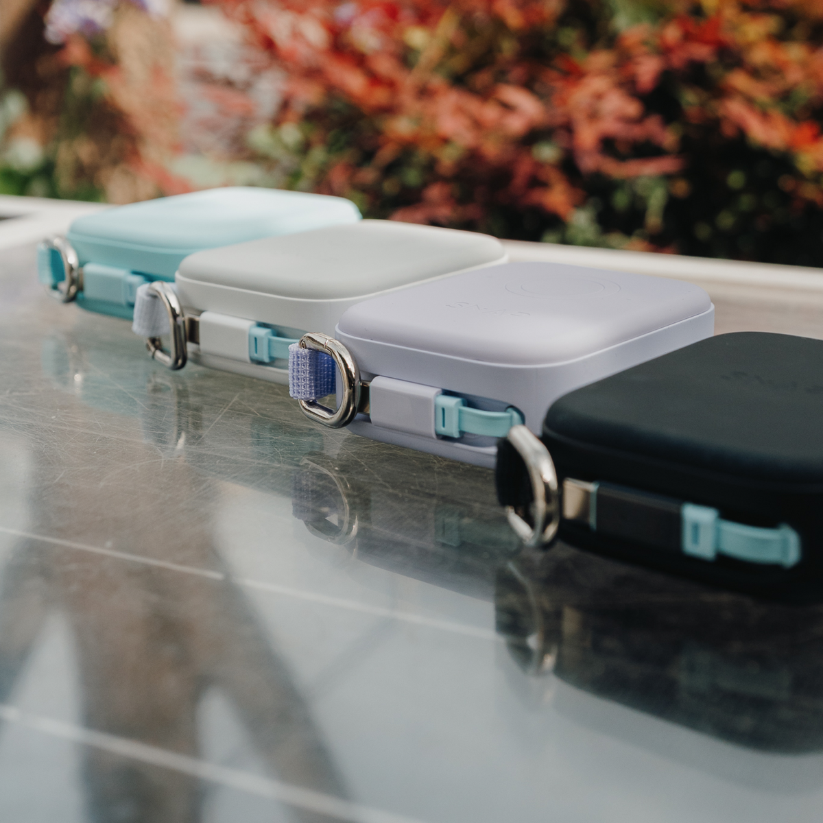 PowerPack Mini 2 in four colours lined up on a sunlit table.