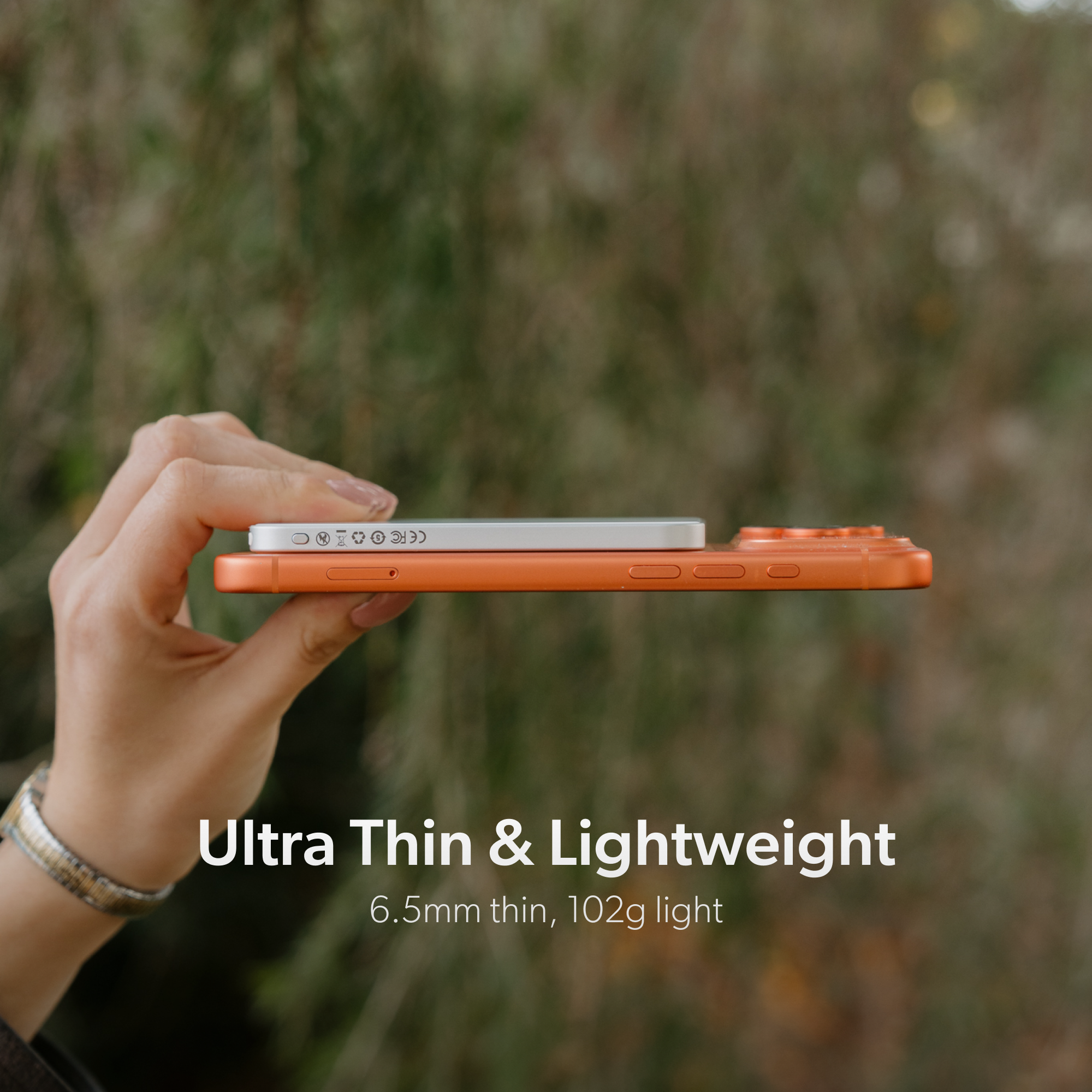 Side profile of PowerPack Slim 3 showing its 6.5mm ultra-thin design beside a smartphone