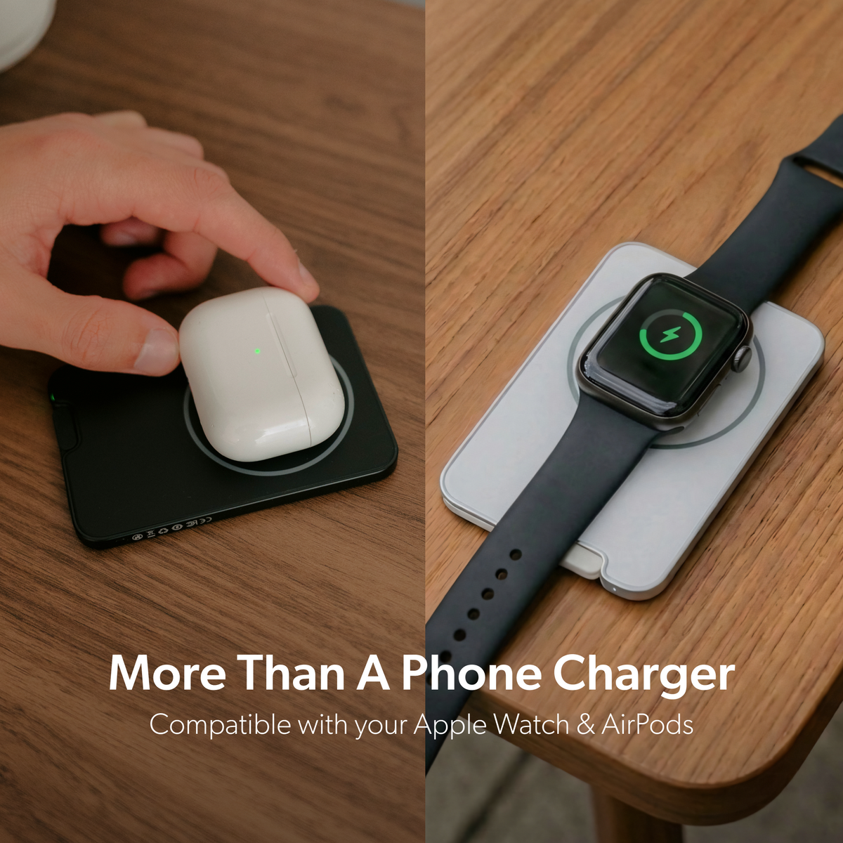PowerPack Slim 3 wirelessly charging AirPods and an Apple Watch