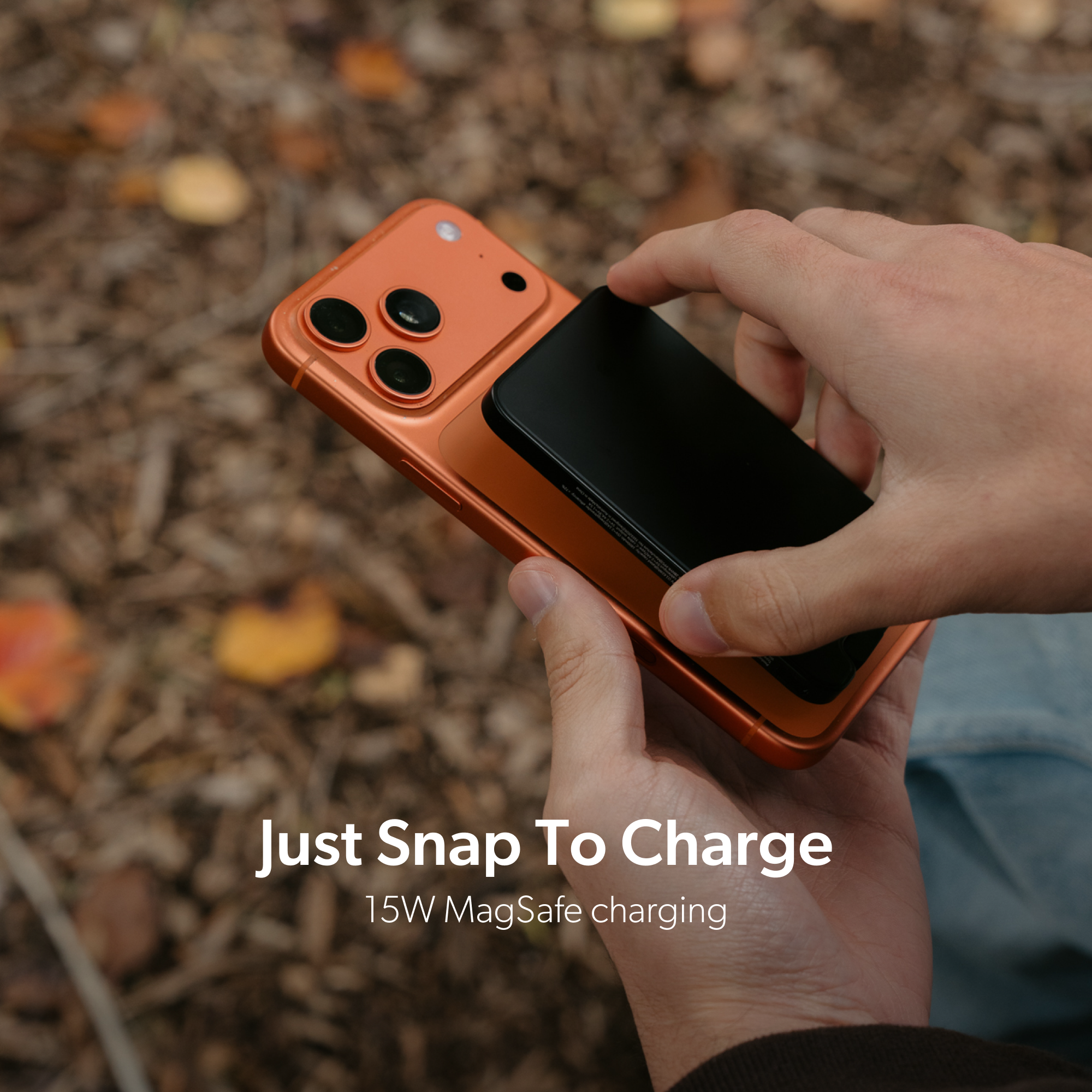 PowerPack Slim 3 snapping magnetically onto the back of a smartphone for wireless charging