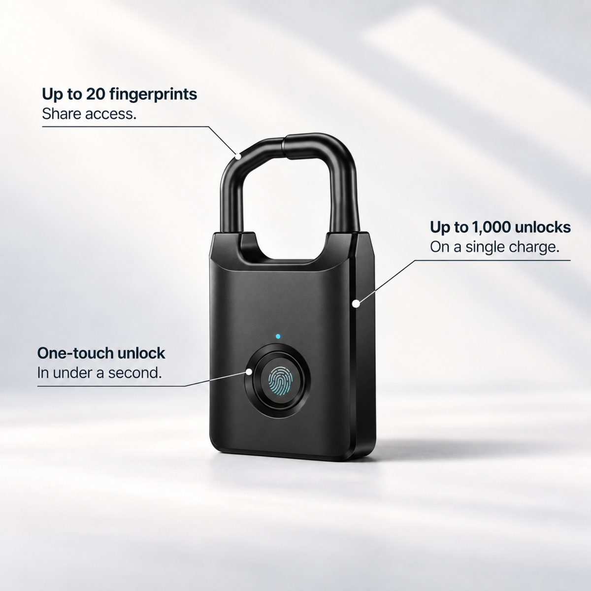 Front view of the black Trvlr Lock with fingerprint sensor and callouts for up to 20 fingerprints, up to 1,000 unlocks per charge and one-touch unlocking in under a second.