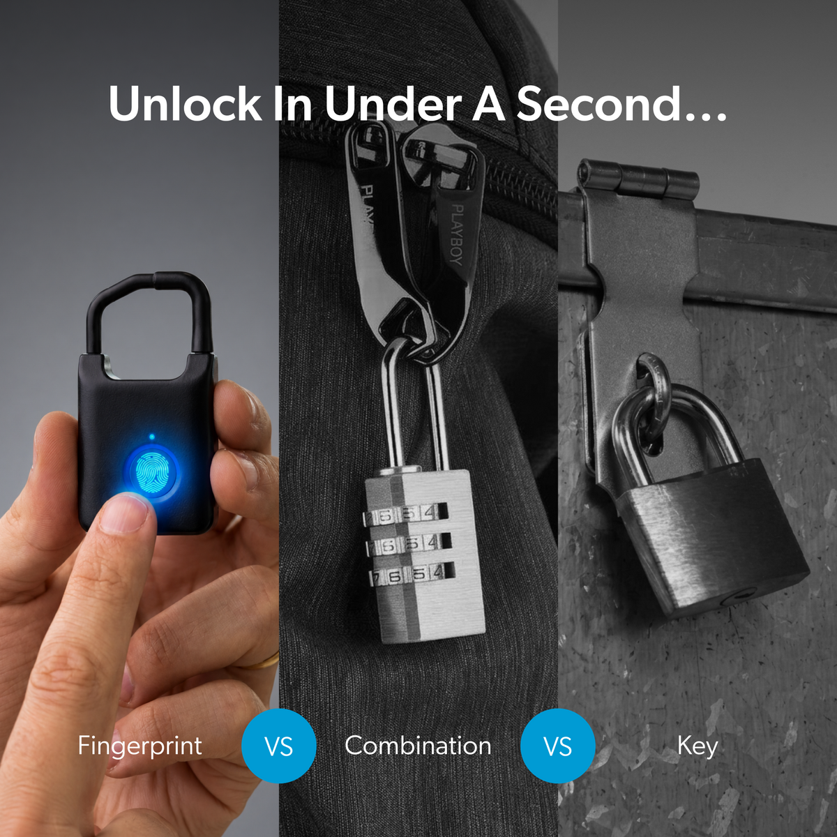 Trvlr Lock fingerprint unlocking shown beside a combination padlock and a keyed padlock.