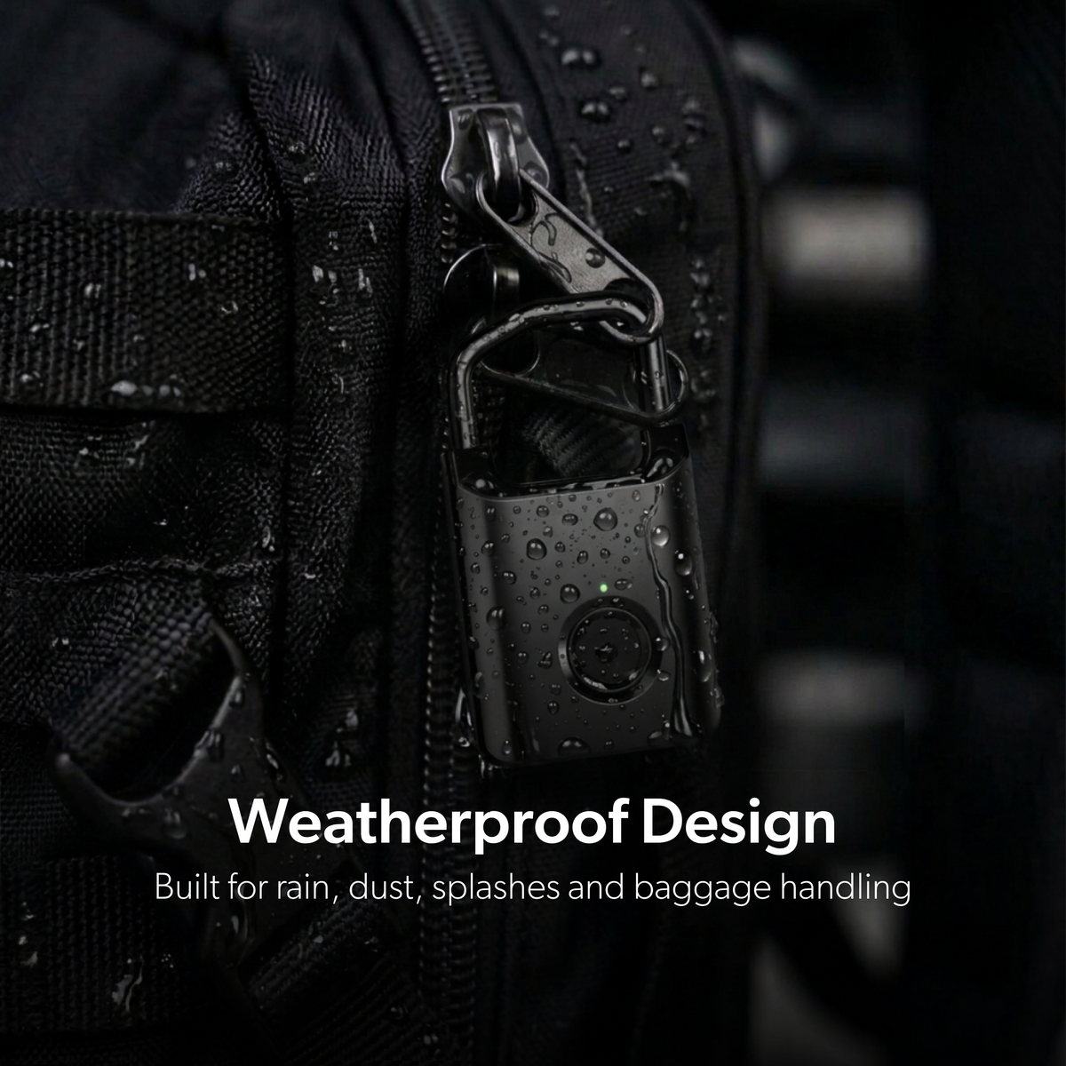Water droplets on a black Trvlr Lock and bag, illustrating its weather-resistant design.