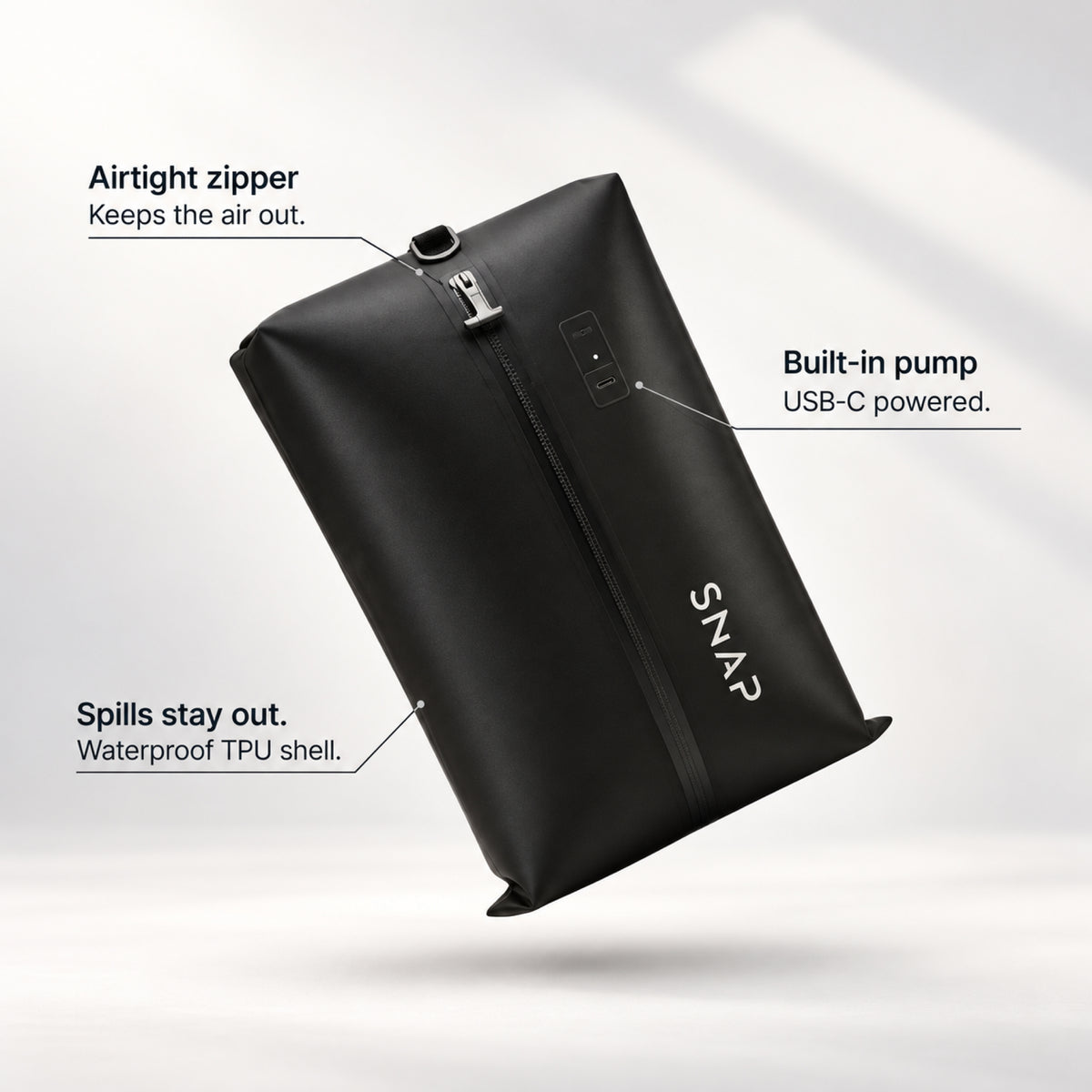 TRVLR Vacuum Bag with zipper, built-in pump and shell feature callouts